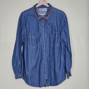 Chico's Design Shirt Womens 2 / L Denim Zip Embellished Embroidery LS Cotton VTG